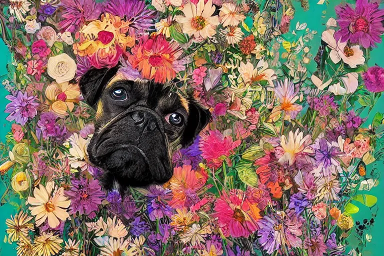 Prompt: a painting of a cute puppy with a lot of flowers and plants on its head, poster art by android jones, behance contest winner, generative art, made of flowers, grotesque, concert poster