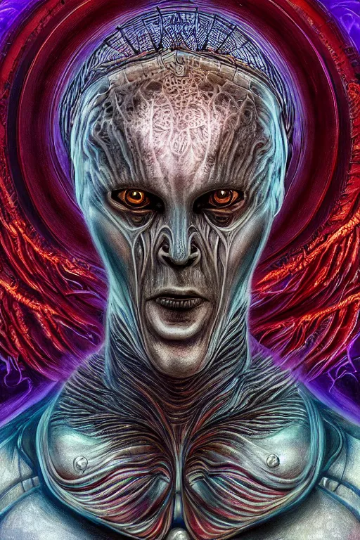 Prompt: cinematic symmetric portrait of an alien god zerg emperor. Centered, uncut, unzoom charachter illustration. Dmt entity manifestation. Surreal render, ultra realistic, zenith view. Made by espepelen and hakan hisim feat cameron gray and alex grey. Polished. Inspired by scifi painter glenn brown. Overpainted by salviadroid. Slightly Decorated with Sacred geometry and fractals. Extremely ornated. artstation, cgsociety, unreal engine, ray tracing, detailed illustration, hd, 4k, digital art, overdetailed art. Intricate omnious visionary concept art, complementing colors, Trending on artstation, deviantart