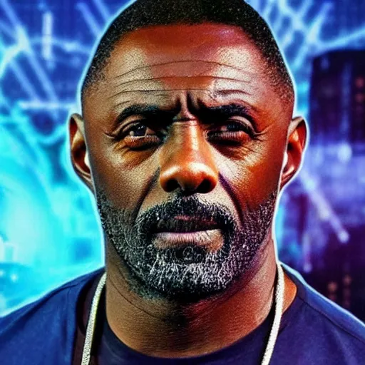 Image similar to idris elba as a cyberpunk netrunner, arcane artstyle