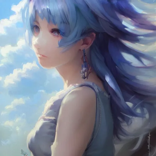 Prompt: painting by krenz cushart!!, portrait of a beautiful girl with blue hair floating in the clouds, finely detailed features, intricate brush strokes, beautiful lighting, trending on pixiv fanbox.