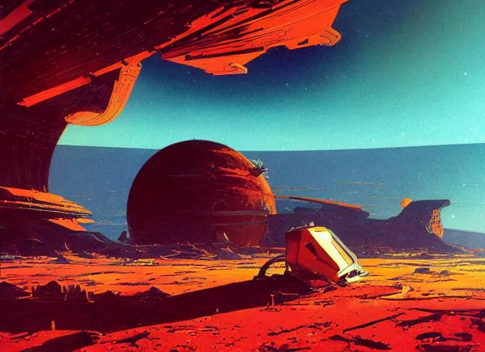 Image similar to a brightly - coloured spacecraft in a stunning landscape by martin deschambault, dean ellis, peter elson, josan gonzalez, david a hardy, john harris, wadim kashin, angus mckie, moebius, bruce pennington, 1 9 7 0 s sci - fi art