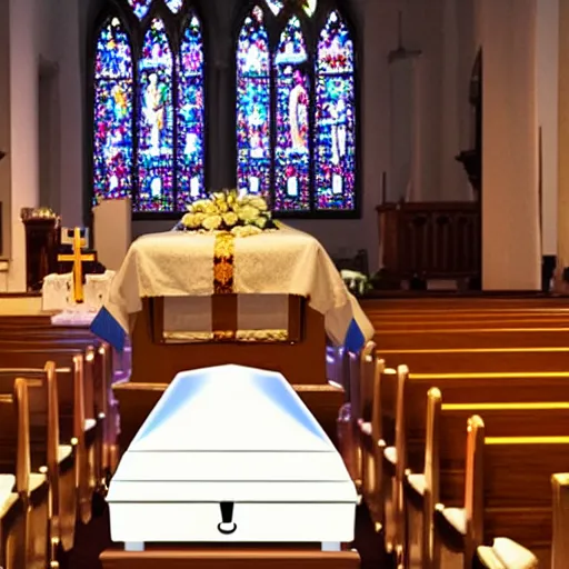 Image similar to A funeral photo with a RGB coffin in a church, RGB coffin, coffin with RGB lighting