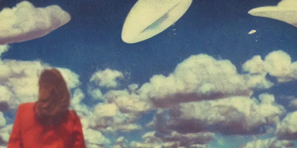 Prompt: vintage analog polaroid of a beautiful woman spotting a ufo in the sky, seen from behind, detailed clouds, warm azure tones, red color bleed, depth of field, film grain