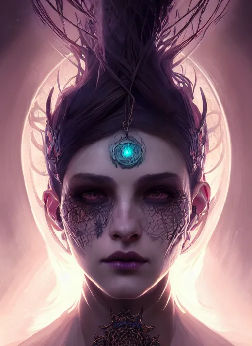 Image similar to Necromancer Sorceress, fantasy magic, undercut hairstyle, dark light night, intricate, elegant, sharp focus, illustration, highly detailed, digital painting, concept art, matte, art by WLOP and Artgerm and Greg Rutkowski and Alphonse Mucha, masterpiece