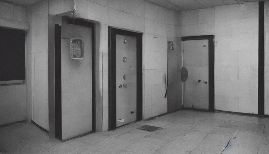 Image similar to 60s movie still of a sovietic stalinist style empty public shower, cinestill 800t 50mm eastmancolor, liminal Space style, heavy grain-s 150