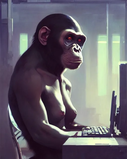 Prompt: cyberpunk chimpanzee cyborg at the computer. art by greg rutkowski, gustave courbet, rosa bonheur, edward hopper. faithfully depicted facial expression, perfect anatomy, sharp focus, global illumination, radiant light, detailed and intricate environment, trending on artstation