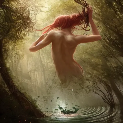 Prompt: forest nymph rising from the water. view from behind, wide angle view, back view. nuri iyem, james gurney, james jean, greg rutkowski, anato finnstark. trending on artstation, starlight, and enchanted dreams. instagram photo shoot, sigma 3 5 mm, award winning photography, cinematic, barbarian