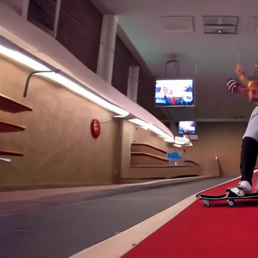 Image similar to kenny g skateboarding in the burger king lounge, epic, cinematic, realism, ultra detailed, 8 k