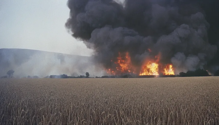 Image similar to 1 9 7 0 s movie still of a heavy burning french house in a wheat field, cinestill 8 0 0 t 3 5 mm, high quality, heavy grain, high detail, texture, dramatic light, ultra wide lens, panoramic anamorphic, hyperrealistic