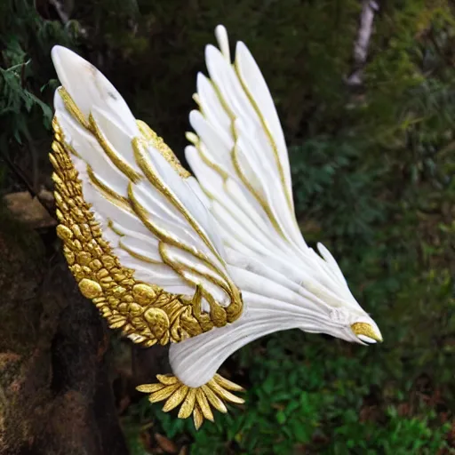 Image similar to white marble with gold accents, an eye with wings and fangs by ellen jewett
