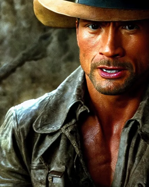 Image similar to Film still close-up shot of Dwayne Johnson as Indiana Jones in the movie Raiders of the Lost Ark. Photographic, photography