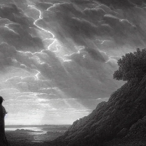 Prompt: A lonely woman, distant city, forest, cliff, gorgeous view, dramatic light, high contrast, illustration by Paul Gustave Doré