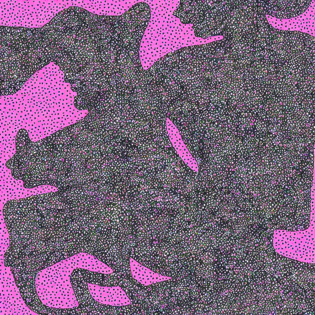 Image similar to camo made of out teeth, smiling, abstract, maya bloch artwork, pink convertible, do hoang tuong artwork, cryptic, dots, stipple, lines, splotch, concrete, color tearing, pitch bending, faceless people, tribal, dark, ominous, eerie, minimal, points, technical, painting