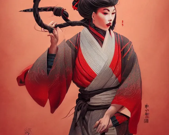 Prompt: A highly detailed female ronin warrior in a red kimono by Peter Mohrbacher, a cherry blossom dojo background by Kelly Mckernan, trending on artstation, HD,