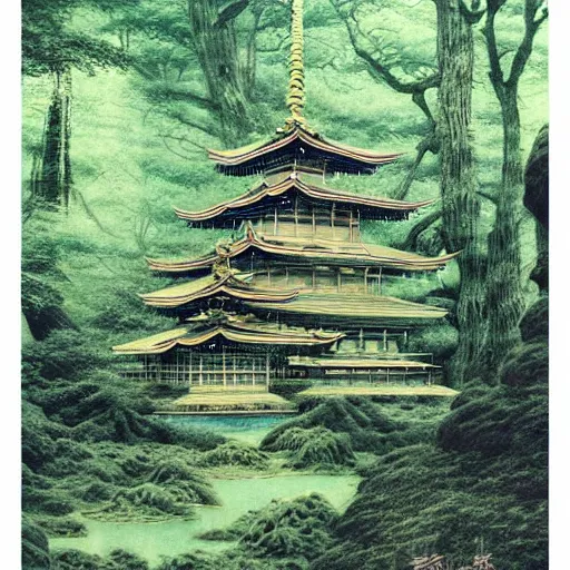 Image similar to a simple concept art of an ancient temple in the forest, an award winning yoshitaka amano digital art poster, by, james gurney and gerhard richter. art by takato yamamoto. masterpiece, deep colours.