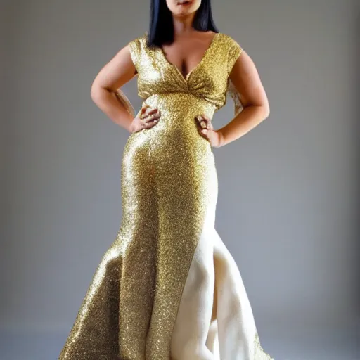 Image similar to Dress photo shoot, full body, wide-shot, head to toe, Ivory carving, gold, glitter, bizarre fashion design,