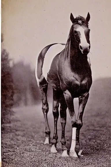 Prompt: an 1800s photo of a horse hovering off the ground