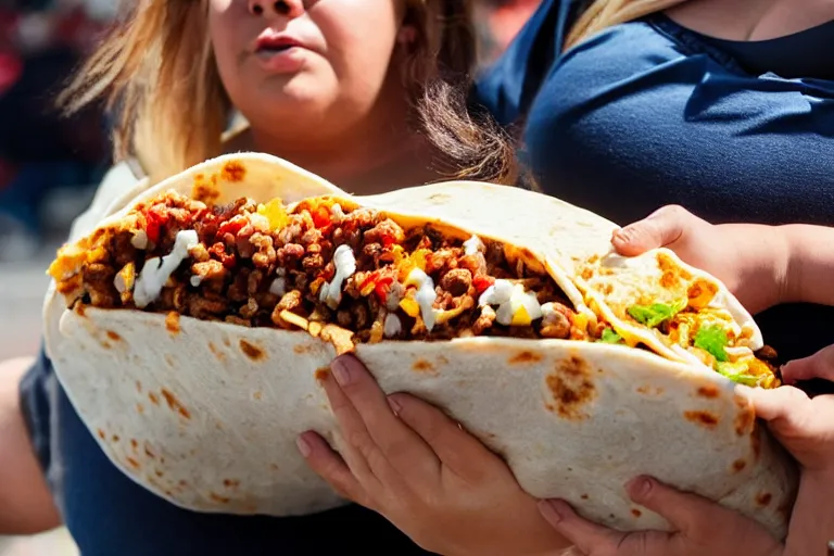 Image similar to obese woman eating a giant burrito sitting at a baseball game, photograph,