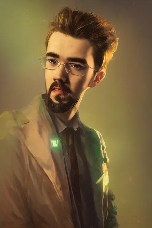 Image similar to a fancy portrait of Seán William McLoughlin, jacksepticeye by Sung Choi, Mitchell Mohrhauser, Maciej Kuciara, Johnson Ting, Maxim Verehin, Peter Konig, 8k photorealistic, cinematic lighting, HD, high details, atmospheric,