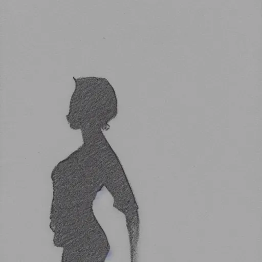 Image similar to pencil black and white profile sketch of woman in silhouette atop a hill overlooking a green expanse with a yellow-blue sky