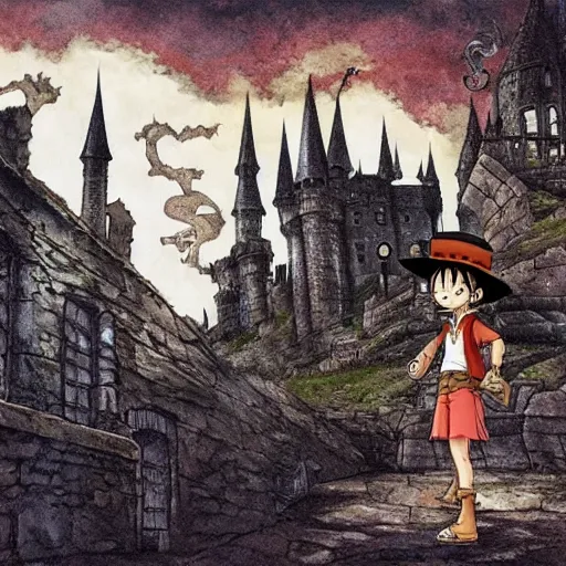 Image similar to luffy in the harry potter universe far away at some ruins from a castle. a wizard is already there and summons a portal that would take me back home.