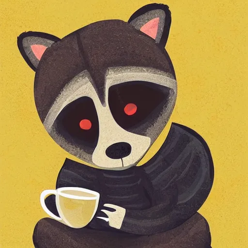 Image similar to little raccoon and sitting by a cozy fireplace with a cup of tea. warm color temperature,