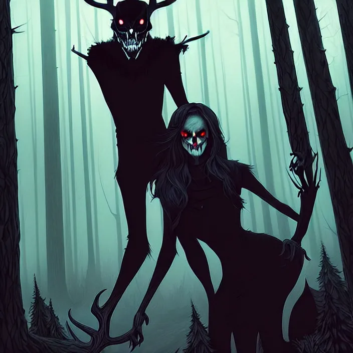 Image similar to style artgerm, joshua middleton, diego fazio, rafael albuquerque : : scary wendigo with antlers and skull face mixed with werewolf : : [ [ beautiful witch wearing a black dress, symmetrical face, on the right side ] ] : : in the forest, detailed, dark and foggy, cinematic lighting