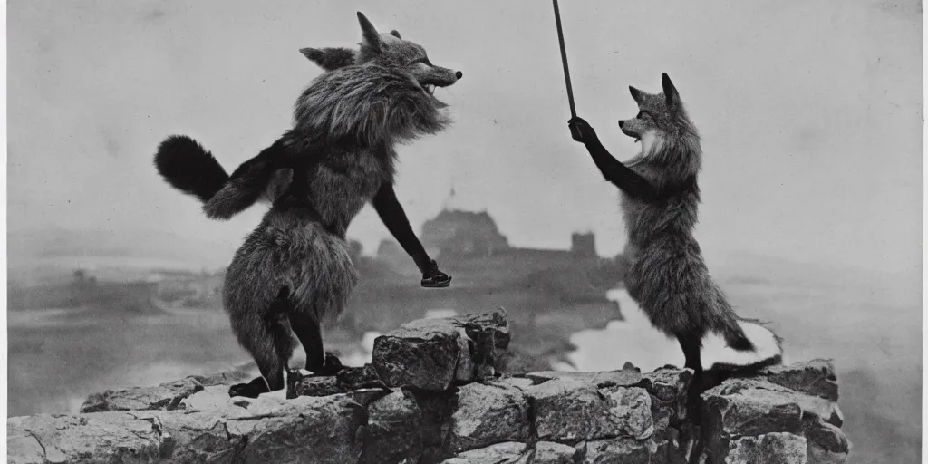 Prompt: anthropomorphic furry fox fighting villain on top of the highest point of a castle, 1 9 1 0 s film scene