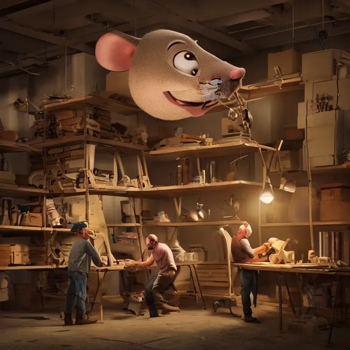 Image similar to crew of workers building giant mouse - movie prop - head in quaint workshop, octane render, 4 k ultra hd, hyper - detailed, realistic, seedy lighting, sharp focus, in style of beeple