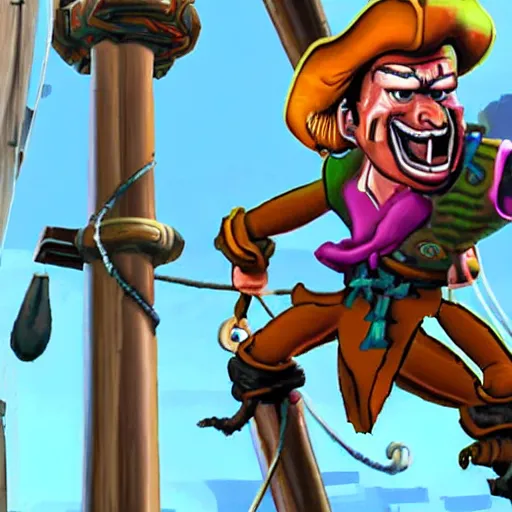 Prompt: guybrush threepwood fighting with lechuck in the top of the ship mast