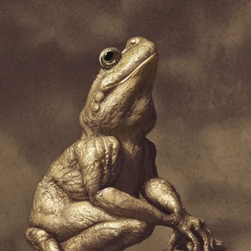 Prompt: toad philosopher toad in a pose The Thinker, swamp, detailed hands, by Auguste Rodin, illustrations by irish fairy tales james stephens arthur rackham, fairy tale illustrations, top cinematic lighting , cinematic mood, very detailed, shot in canon, 8k, high resolution