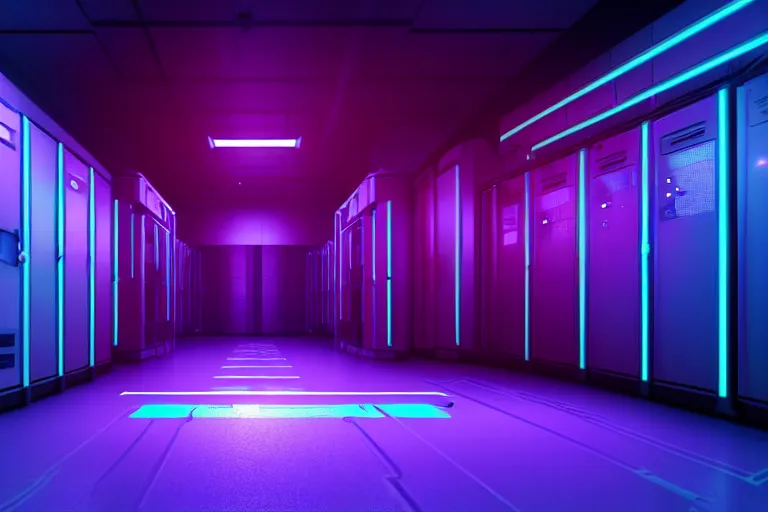 Prompt: realistic robot in a data server room, neon and dark, purple and blue color scheme, by dan mumford, global illumination ray tracing hdr render in unreal engine 5