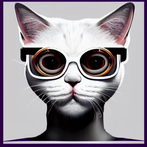 Prompt: a cute white cat wearing cyberpunk glasses, ultrarealistic, insane detailed, white background, fantasy digital art