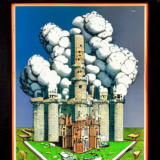 Image similar to by ralph steadman defined, improvisational babylonian, tetris. a beautiful print of a castle in the clouds.