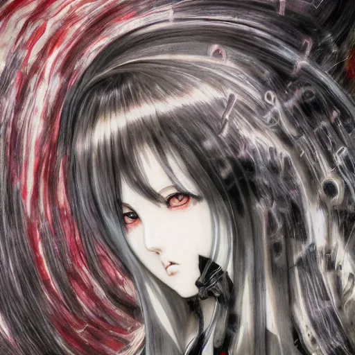 Prompt: yoshitaka amano realistic illustration of a sinister anime girl with black eyes and long wavy white hair wearing dress suit with tie and surrounded by abstract junji ito style patterns in the background, blurry and dreamy illustration, noisy film grain effect, highly detailed, oil painting with expressive brush strokes, weird portrait angle