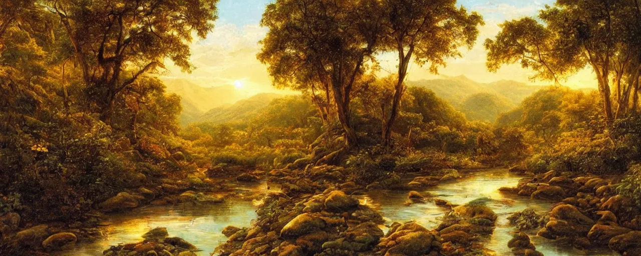 Prompt: River flows through a jungle in the mountains, golden hour, reflections, clouds, flowers, birds, classic painting, award winning, high detail