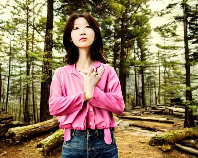 Prompt: close up portrait of an korean woman with beautiful face and modern clothes standing outside of an old cabin, forest in the background, bokeh, depth of field, dramatic lighting, cinematic, vivid colors, matte painting, vivid color scheme