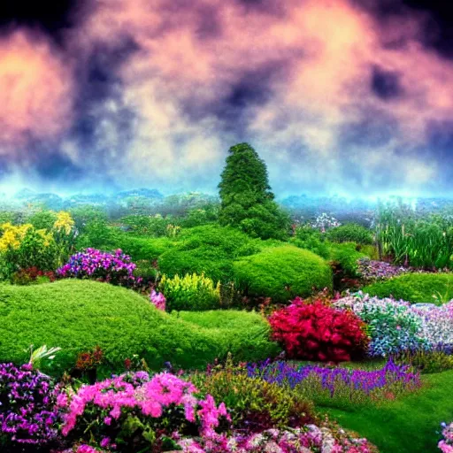 Image similar to heaven's most beautiful garden, in the clouds, 8 k