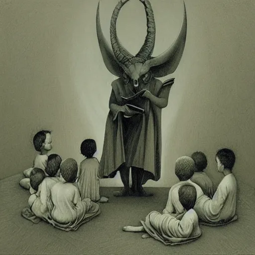 Image similar to Baphomet is reading a book, children gather around him by Zdzisław Beksiński