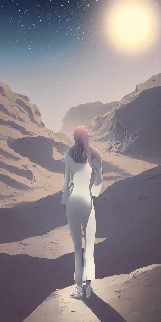 Image similar to ilya kuvshinov illustration of a white bioremediation architecute in the desert filled with stars at night, hazy and misty, magical feeling, uhd, high detail, by ilya kuvshinov