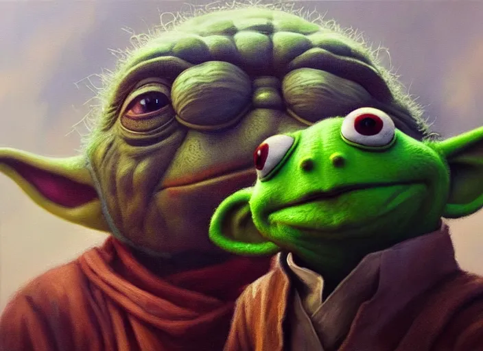Prompt: Beautiful oil painting of Yoda and Kermit the Frog by Titian and Chie Yoshii, portrait, Star Wars, Muppets, intricate, face, elegant, mist, cityscape, highly detailed, dramatic lighting, sharp focus, trending on artstation, artstationHD, artstationHQ, unreal engine, 4k, 8k