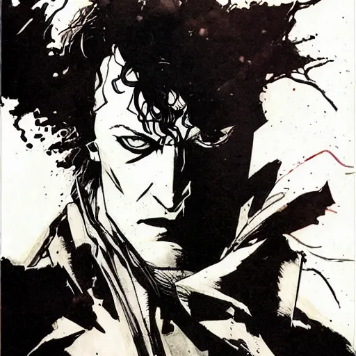 Image similar to DC vertigo The Sandman portrait by Yoji Shinkawa and Ashley Wood, black and white, ink brush