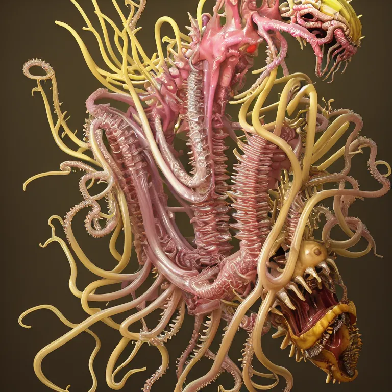 Image similar to still life of transparent plastic xenomorph, beautiful pastel color tropical flowers, glossy metallic human spine, spiky tentacles, tropical fruit, human body parts, colorful mold, baroque painting, beautiful detailed intricate insanely detailed octane render, 8K artistic photography, photorealistic, perfect composition, golden ratio, chiaroscuro, Raphael, Caravaggio