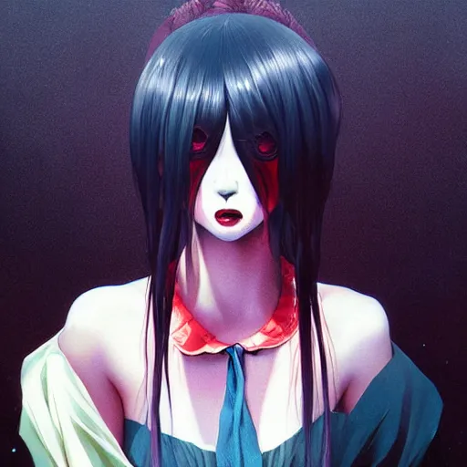 Prompt: beautiful portrait of an anime goth clowngirl, painted by ilya kuvshinov and zdzislaw beksinski