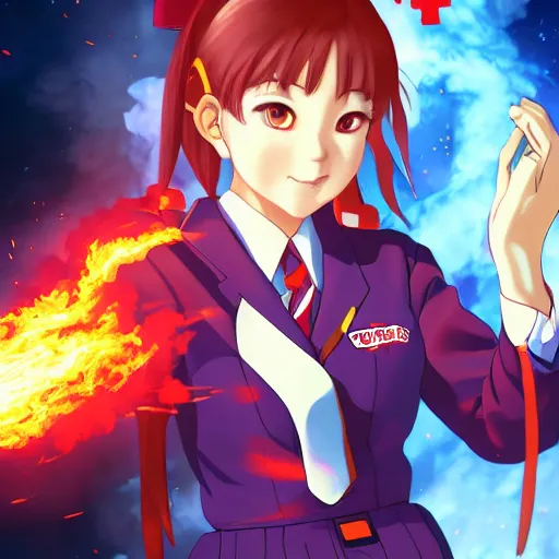 Prompt: Portrait of a Japanese schoolgirl with short hair in school uniform causing flames in a moment of rage with GUNDAM on background, ultra detailed, artstation, 8k, photorealistic, digital art.