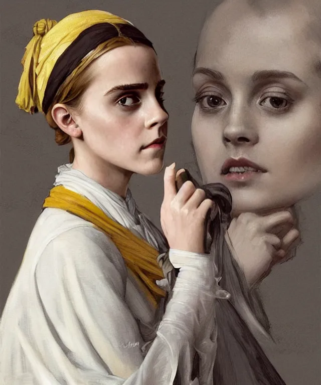 Image similar to Emma Watson as the girl with the pearl earring, highly detailed, digital painting, artstation, concept art, smooth, sharp focus, illustration, ArtStation, art by artgerm and greg rutkowski and alphonse mucha and J. C. Leyendecker and Edmund Blair Leighton and Katsuhiro Otomo and Geof Darrow and Phil hale and Ashley wood and Ilya repin and Charlie Bowater