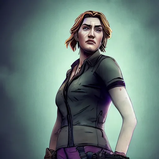 Image similar to kate winslet portrait, borderlands, tales from the borderlands, the wolf among us, comic, cinematic lighting, studio quality, 8 k