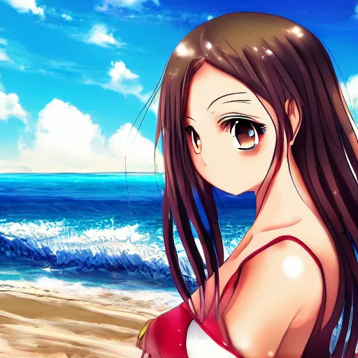 Prompt: an anime girl on the beach, anime art, smooth, hd, elegant
