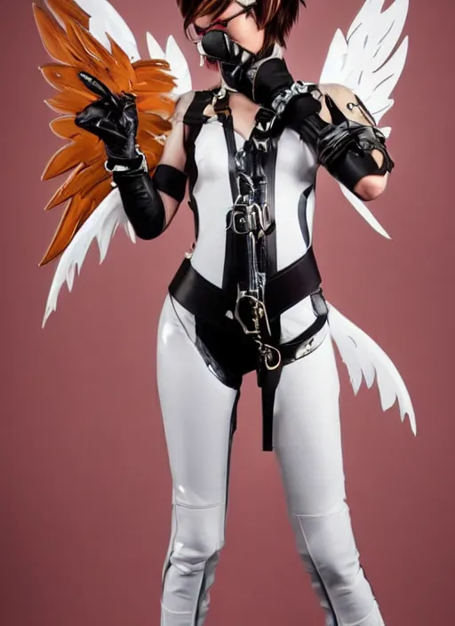 Image similar to full body artwork of tracer overwatch, wearing white latex and leather straps catsuit outfit, in style of mark arian, angel wings, dramatic painting, wearing detailed leather collar, chains, black harness, detailed face and eyes,