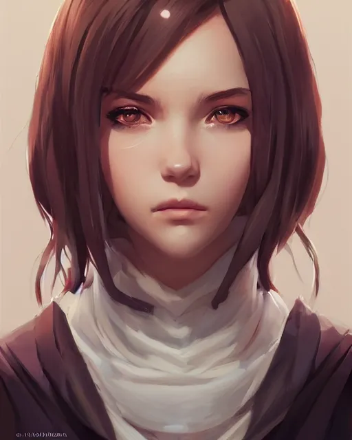 Image similar to potrait bust of young woman archer length light brown hair and hazel eyes, beautiful, symmetrical, anime, ilya kuvshinov, greg rutkowski, guweiz, ross tran, loish, svetlana tigai, artgerm, artstation trending, concept art, digital painting